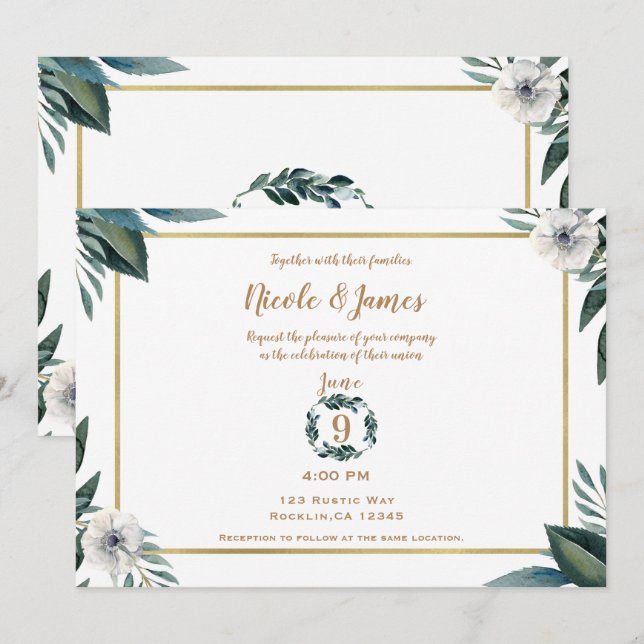 Invitación Anémonas Florales de Hojas Blancas y Verdes Boda (Anverso / Reverso)