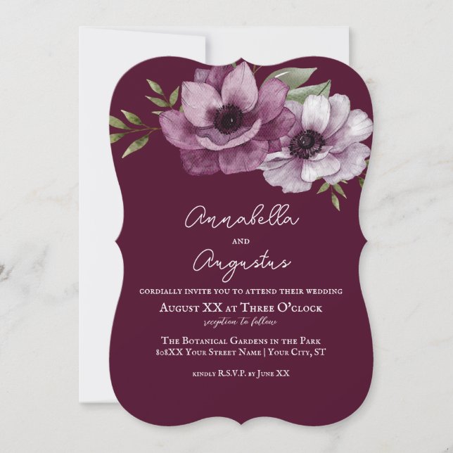 Invitación Anémonas románticas sobre Merlot (Anverso)