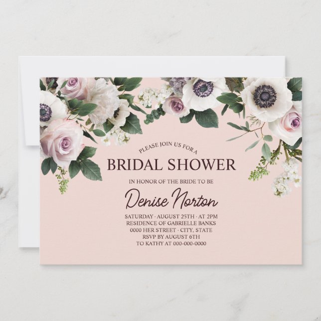 Invitación Anemone blanco en ducha de novia Rosa en Rubor (Anverso)