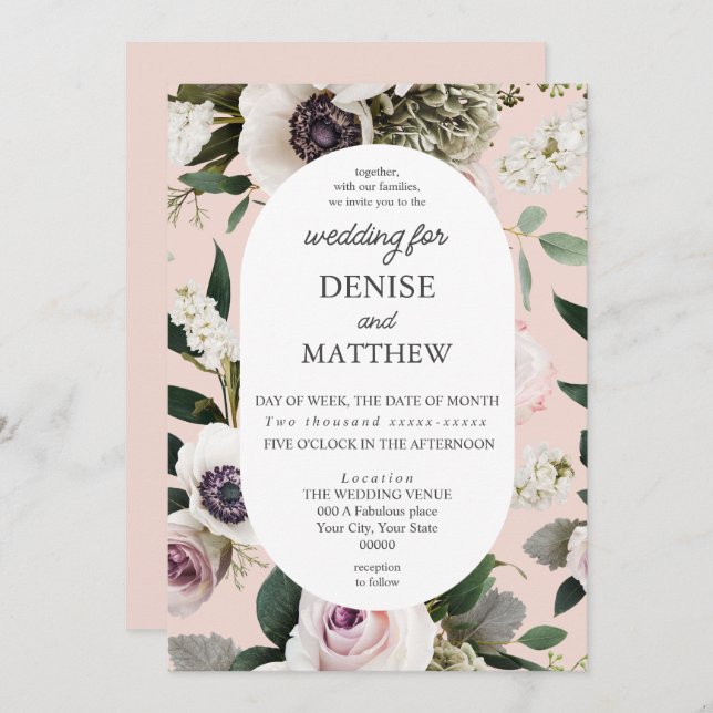 Invitación Anemone blanco en un Rosa Boda de Rubor (Anverso / Reverso)