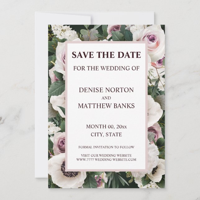 Invitación Anemone blanco en verde esmeralda salva la fecha (Reverso)