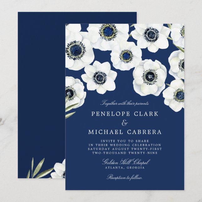 Invitación Anemone de medianoche | Boda floral (Anverso / Reverso)