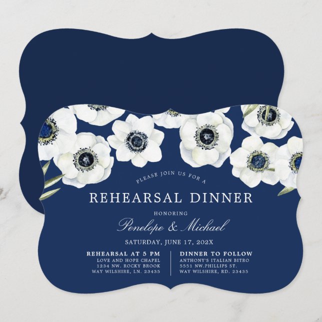 Invitación Anemone de medianoche | Cena de ensayo floral (Anverso / Reverso)