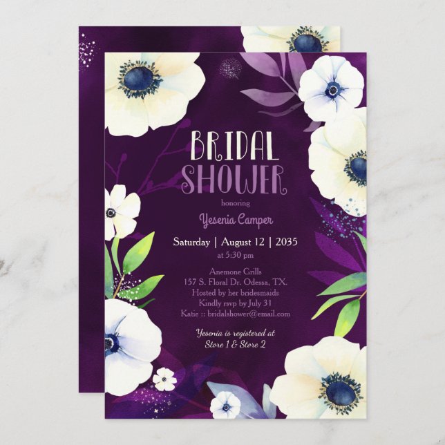 Invitación Anemone Dream Purple Bridal Shower (Anverso / Reverso)