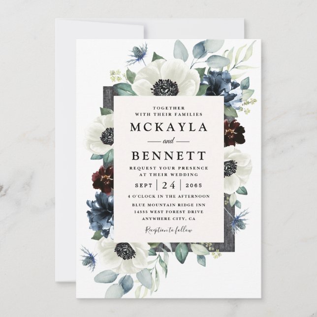 Invitación Anemone Dusty Blue Thistle Burgundy Boda Floral (Anverso)