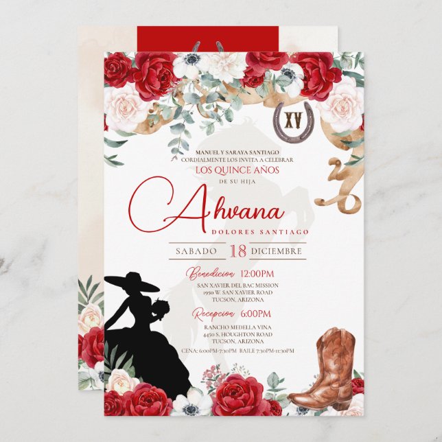 Invitación Anemone Fancy Charra/Cowgirl, Rosa de la quinceañe (Anverso / Reverso)