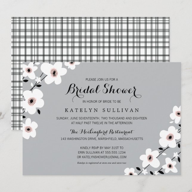 Invitación Anemone gris blanco moderno | Bridal Shower (Anverso / Reverso)