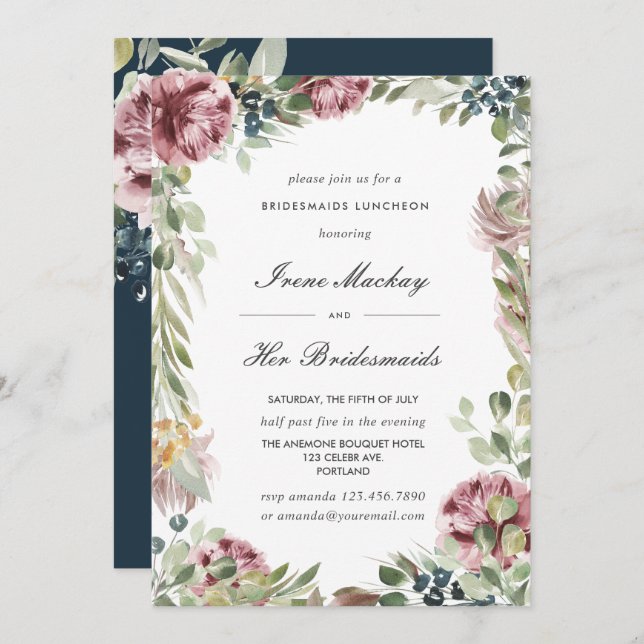Invitación Anemone Rubor Blue Botanical BRIDESMAIDS LUNCHEON (Anverso / Reverso)