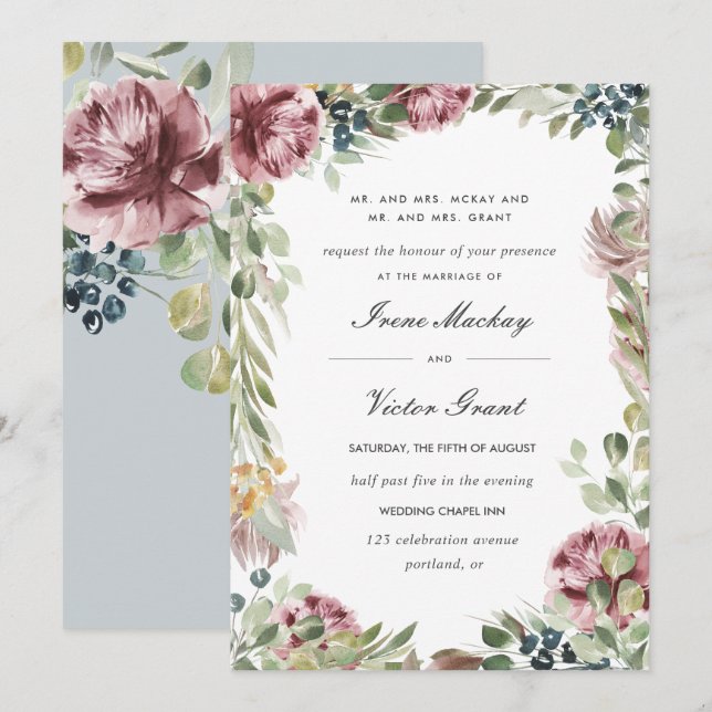 Invitación Anemone Rubor | Boda Botánico Formal Azul Gris (Anverso / Reverso)