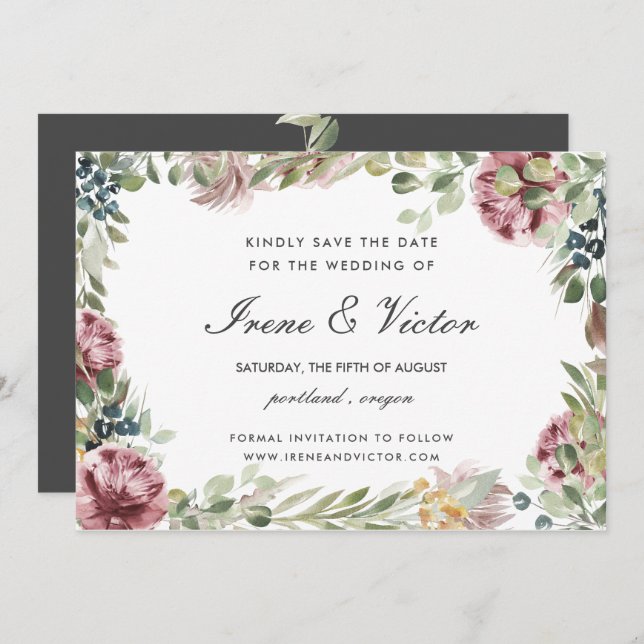 Invitación Anemone Rubor Gray formal boda Guardar fecha (Anverso / Reverso)