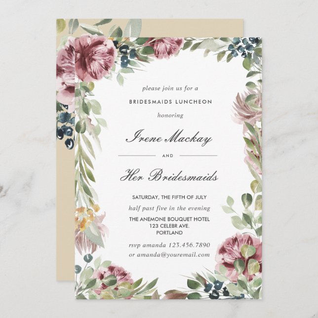 Invitación Anemone Rubor Pink Botanical BRIDESMAIDS LUNCHEON (Anverso / Reverso)
