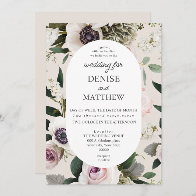Invitación Anemono blanco en Boda Cameo Beige (Anverso / Reverso)