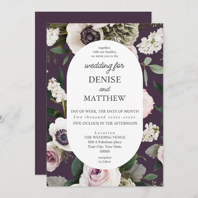 Invitación Anemono blanco en Boda de ciruelas medianoche (Anverso / Reverso)