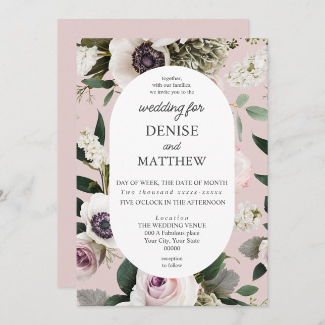 Invitación Anemono blanco en Boda Mauve Chalk (Anverso / Reverso)