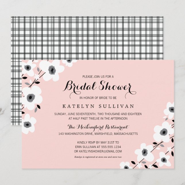 Invitación Anemono negro gris rosado moderno | Bridal Shower (Anverso / Reverso)