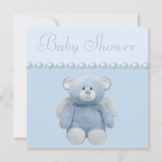 Invitación Ángel Azul Cortado Teddy Bear Niño Bebé Ducha (Anverso)