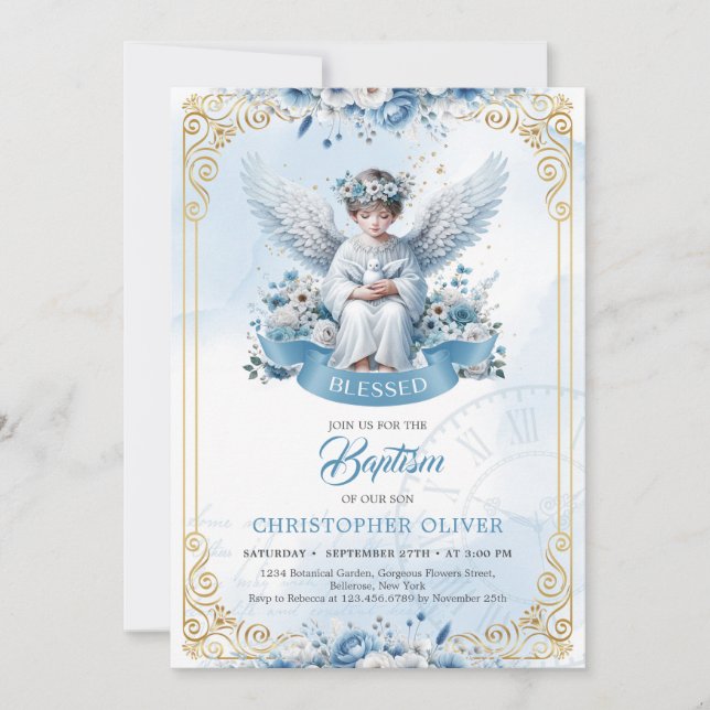 Invitación Ángel azul lindo flores marco de oro niño Bautismo (Anverso)
