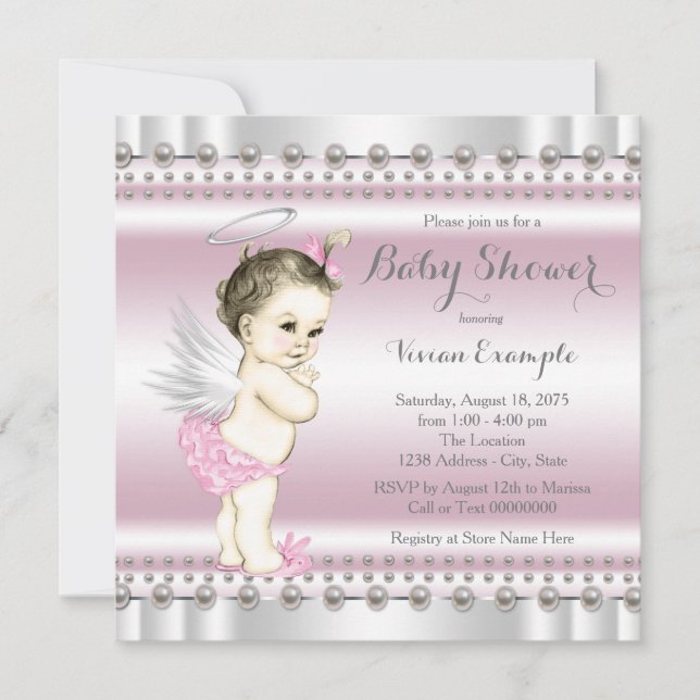Invitación Angel Baby Shower rosa y gris (Anverso)