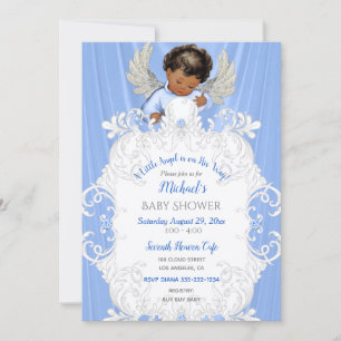 Invitación Ángel Bebé Azul Plata Tono de Piel Oscu