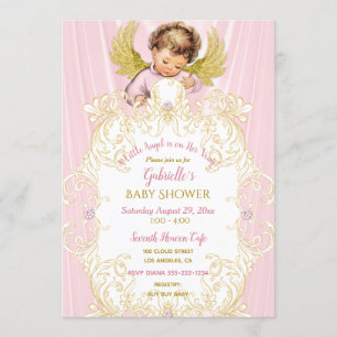 Invitación Ángel bebé rosa oro niña