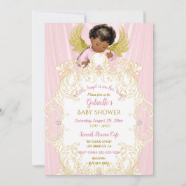 Invitación Ángel bebé rosa oro niña afroamericana