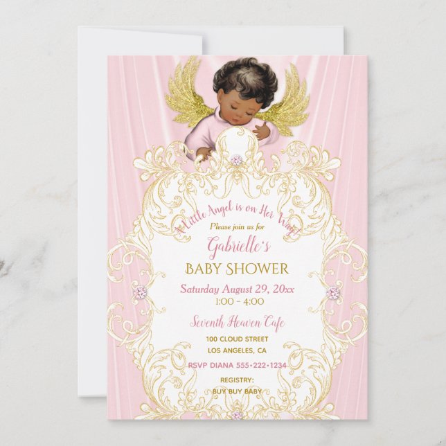 Invitación Ángel bebé rosa oro niña afroamericana (Anverso)