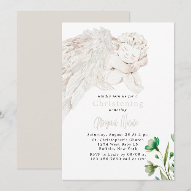 Invitación Ángel con Alas Floral Verde Bautizo  (Anverso / Reverso)
