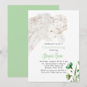 Invitación Ángel con Alas Floral Verde Bautizo