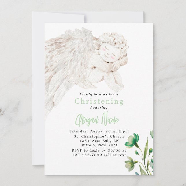 Invitación Ángel con Alas Verde Floral Bautizo  (Anverso)