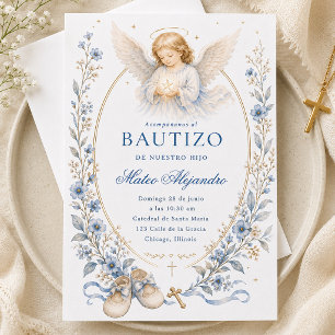 Invitación Ángel de Bautismo Floral Acuarela Azul 