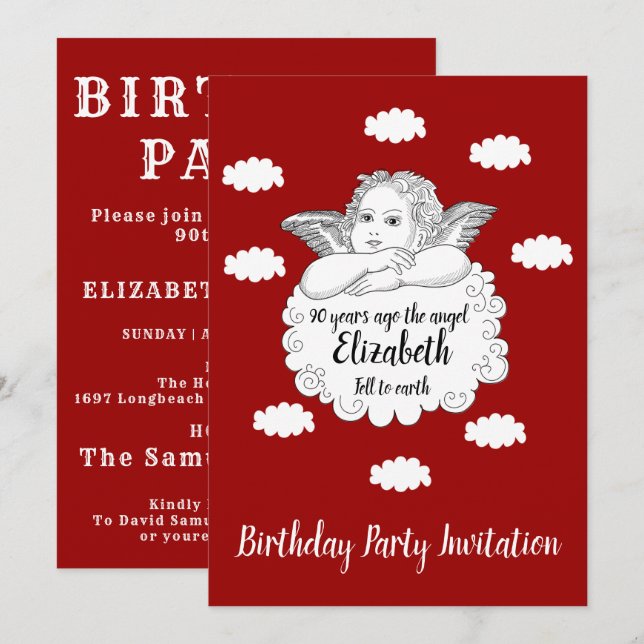 Invitación Ángel de la Nube Cristiana Feliz 90 cumpleaños roj (Anverso / Reverso)