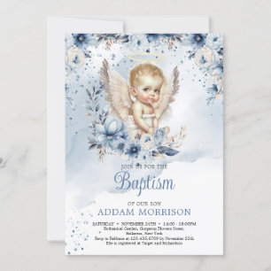 Invitación Ángel de niño y flor azul polvoriento