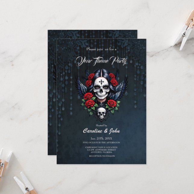 Invitación Ángel del cráneo de azúcar con Rosas. (Anverso/Reverso In Situ)