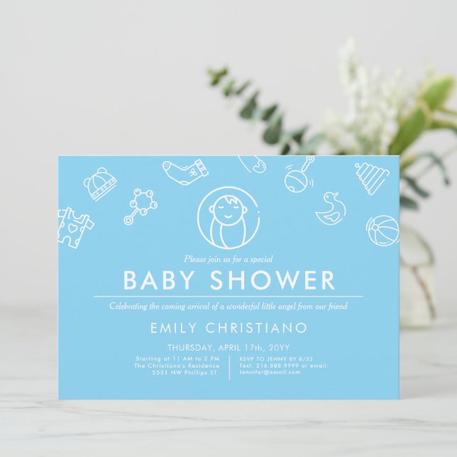 Invitación Ángel durmiente | Azul sólido Baby Shower mínimo (Anverso de pie)