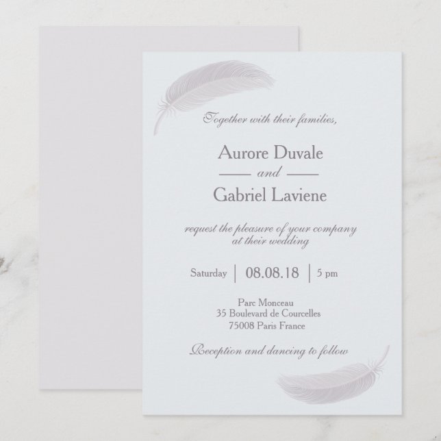 Invitación Ángel feather baby blue white elegante boda (Anverso / Reverso)