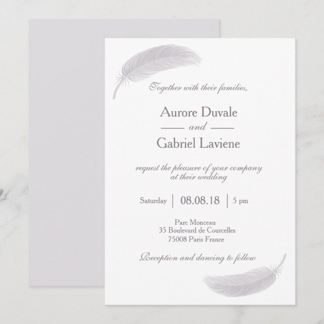 Invitación Angel Feather Lilac Blanco Gris Elegante Boda (Anverso / Reverso)