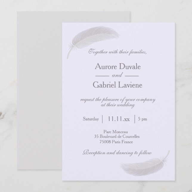 Invitación Angel Feather Lilac Lavender Gray Boda (Anverso / Reverso)
