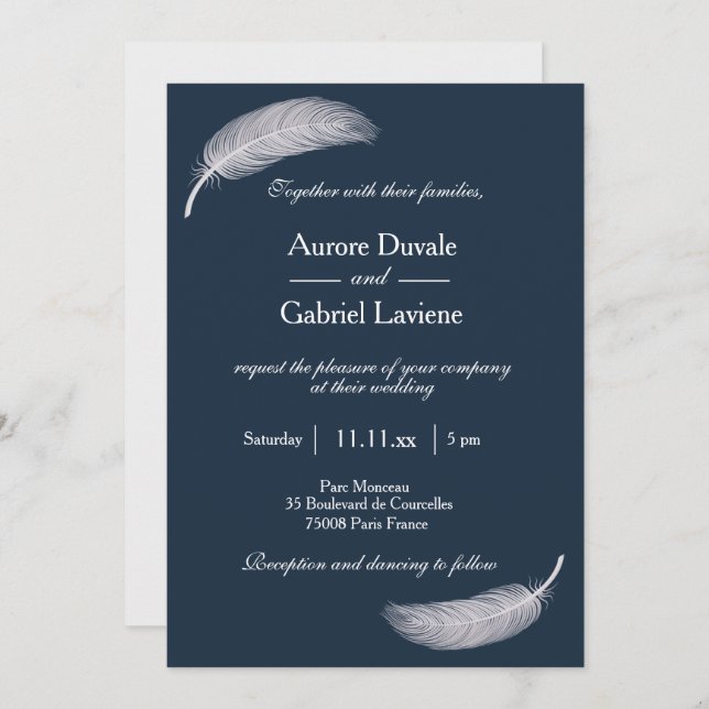 Invitación Angel Feather Navy Blue White Whimsical Boda (Anverso / Reverso)