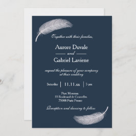 Invitación Angel Feather Navy Blue White Whimsical Boda