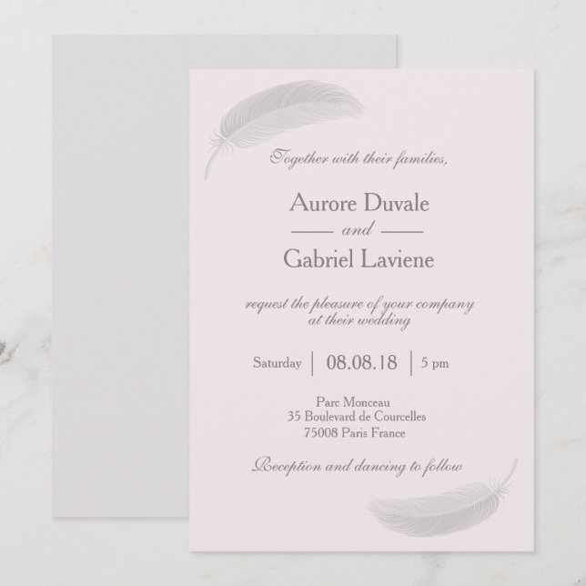 Invitación Angel Feather Rubor Pink Gray Elegant Wedding (Anverso / Reverso)