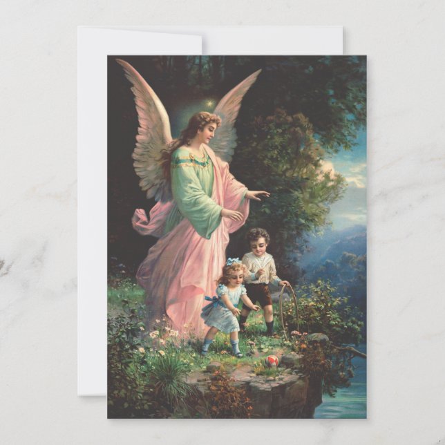 Invitación Ángel guardián protegiendo a los niños cerca de un (Anverso)
