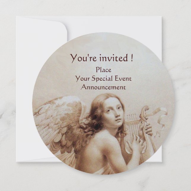 Invitación ANGEL JUGANDO LYRA SOBRE LAS NUBES,Monograma Sepia (Reverso)