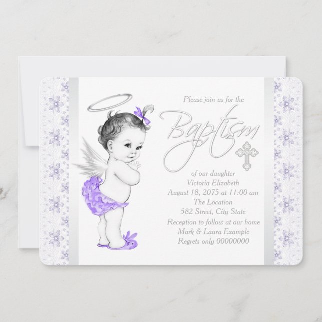Invitación Angel Lace Púrpura Beber Baptismo (Anverso)