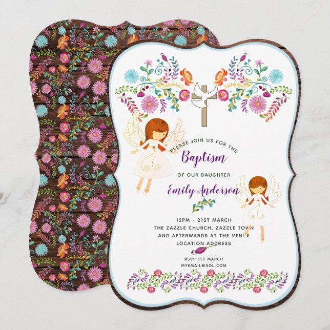 Invitación Angel Love Baptism Invitation con flores populares (Anverso / Reverso)