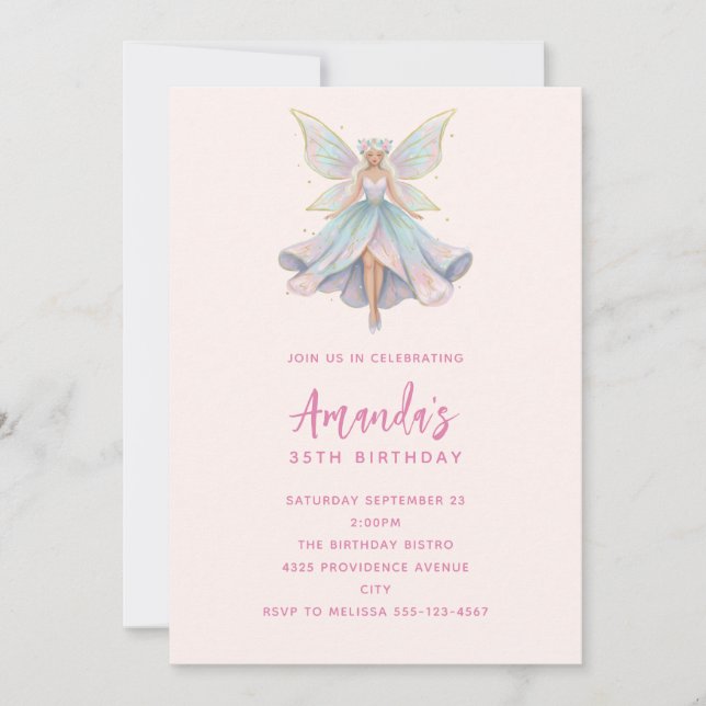 Invitación Ángel Mágico Hada Colores Pastel Cumpleaños (Anverso)