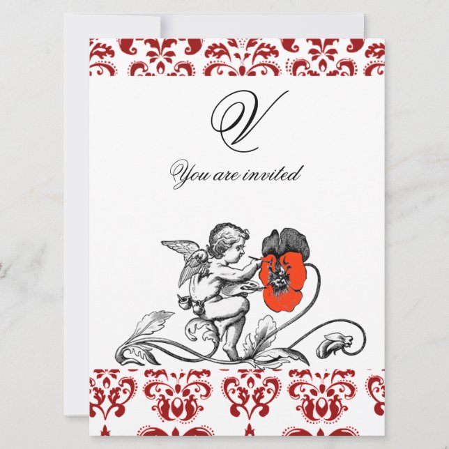 INVITACIÓN ANGEL PINTANDO UN MONOGRAMA DAMASK DE FLORES ROJOS (Anverso)