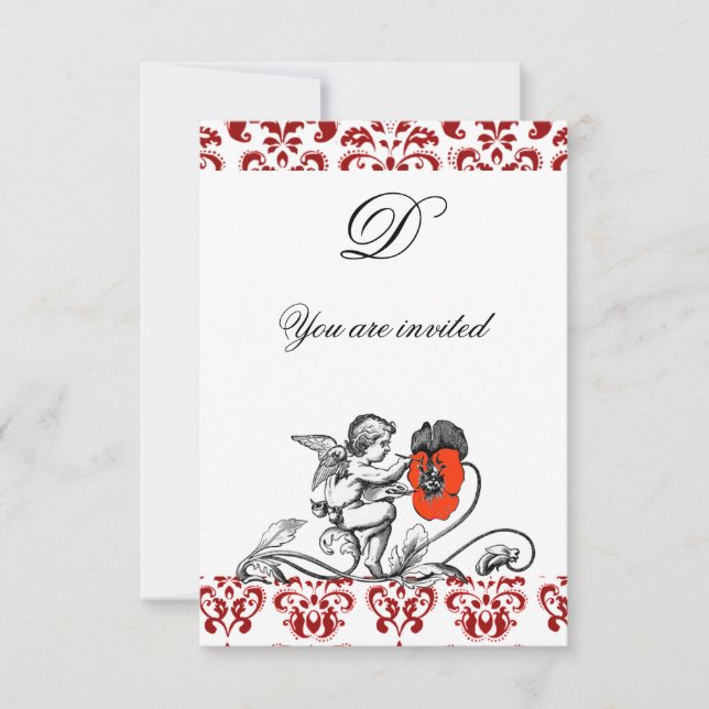 INVITACIÓN ANGEL PINTANDO UN MONOGRAMA DAMASK DE FLORES ROJOS (Anverso)