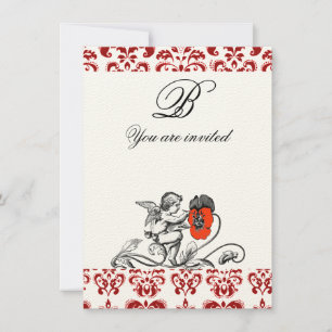 INVITACIÓN ÁNGEL PINTANDO UN MONOGRAMA DE DAMASCO DE FLOR ROJ