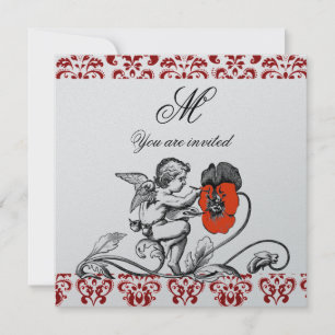 INVITACIÓN ÁNGEL PINTANDO UN MONOGRAMA DE DAMASCO DE FLOR ROJ