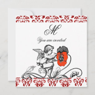 INVITACIÓN ÁNGEL PINTANDO UN MONOGRAMA DE DAMASCO DE FLOR ROJ